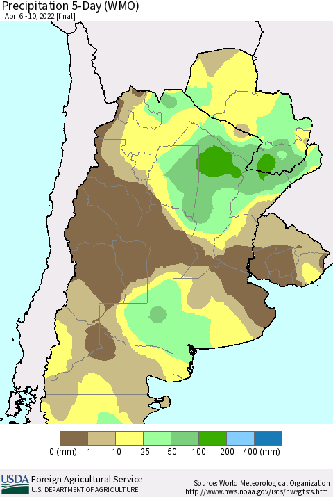 Southern South America Precipitation 5-Day (WMO) Thematic Map For 4/6/2022 - 4/10/2022