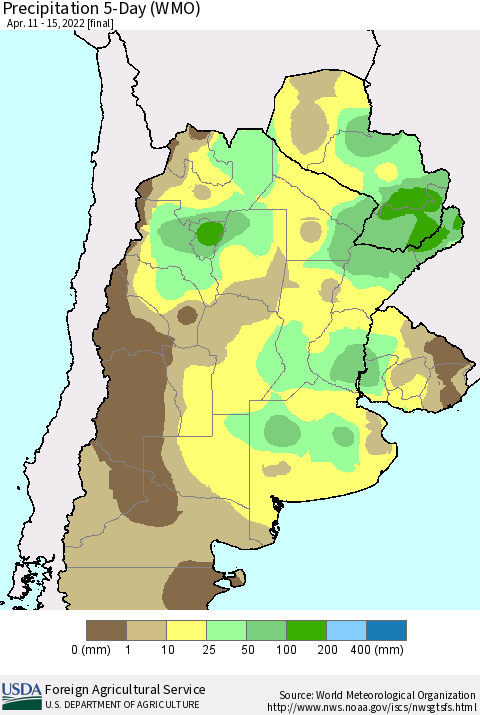 Southern South America Precipitation 5-Day (WMO) Thematic Map For 4/11/2022 - 4/15/2022