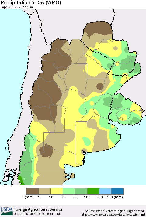 Southern South America Precipitation 5-Day (WMO) Thematic Map For 4/21/2022 - 4/25/2022