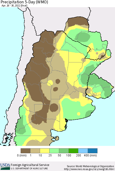 Southern South America Precipitation 5-Day (WMO) Thematic Map For 4/26/2022 - 4/30/2022