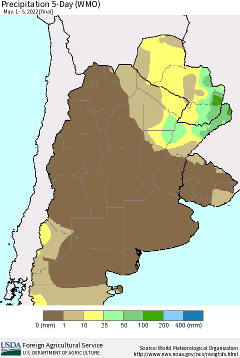 Southern South America Precipitation 5-Day (WMO) Thematic Map For 5/1/2022 - 5/5/2022