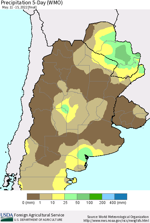 Southern South America Precipitation 5-Day (WMO) Thematic Map For 5/11/2022 - 5/15/2022