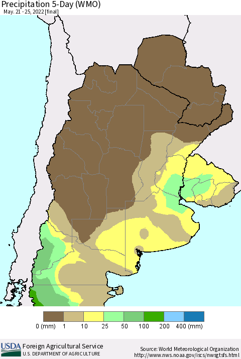 Southern South America Precipitation 5-Day (WMO) Thematic Map For 5/21/2022 - 5/25/2022