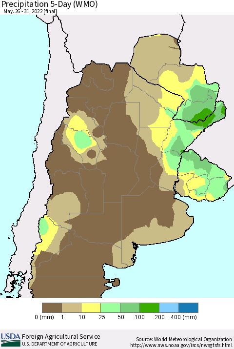 Southern South America Precipitation 5-Day (WMO) Thematic Map For 5/26/2022 - 5/31/2022