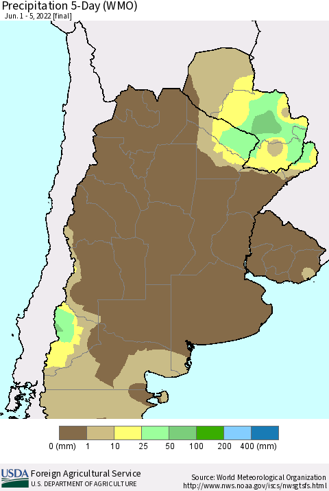 Southern South America Precipitation 5-Day (WMO) Thematic Map For 6/1/2022 - 6/5/2022