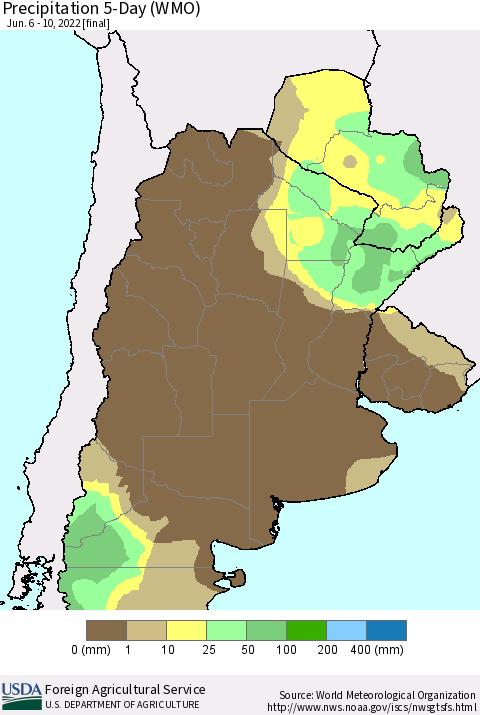 Southern South America Precipitation 5-Day (WMO) Thematic Map For 6/6/2022 - 6/10/2022