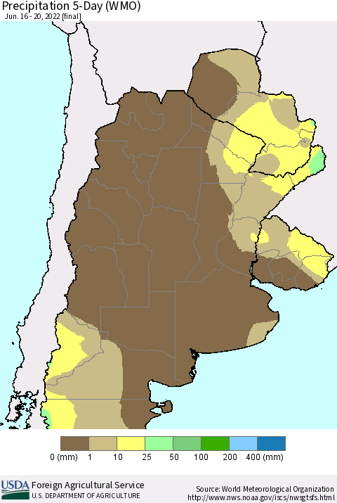 Southern South America Precipitation 5-Day (WMO) Thematic Map For 6/16/2022 - 6/20/2022