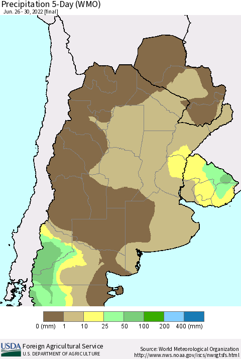 Southern South America Precipitation 5-Day (WMO) Thematic Map For 6/26/2022 - 6/30/2022