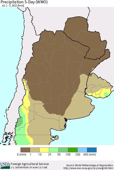 Southern South America Precipitation 5-Day (WMO) Thematic Map For 7/1/2022 - 7/5/2022