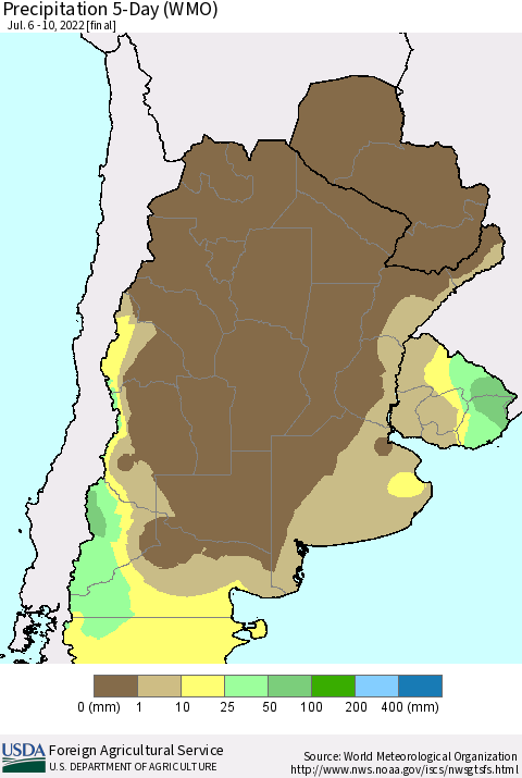 Southern South America Precipitation 5-Day (WMO) Thematic Map For 7/6/2022 - 7/10/2022