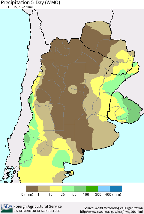 Southern South America Precipitation 5-Day (WMO) Thematic Map For 7/11/2022 - 7/15/2022
