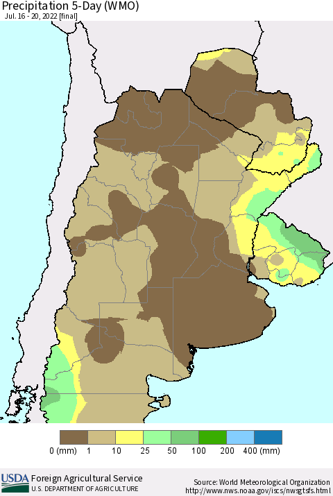 Southern South America Precipitation 5-Day (WMO) Thematic Map For 7/16/2022 - 7/20/2022