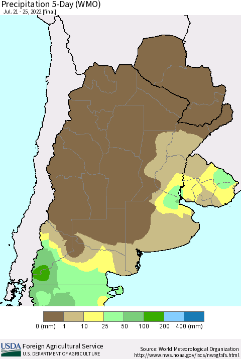 Southern South America Precipitation 5-Day (WMO) Thematic Map For 7/21/2022 - 7/25/2022