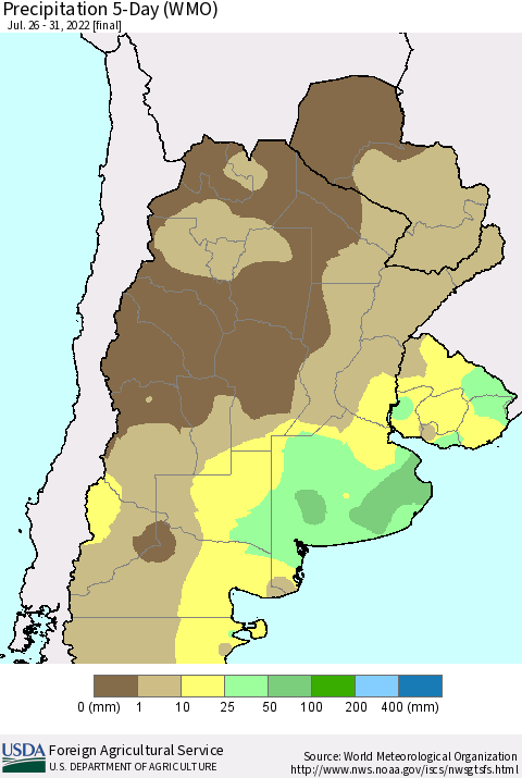 Southern South America Precipitation 5-Day (WMO) Thematic Map For 7/26/2022 - 7/31/2022