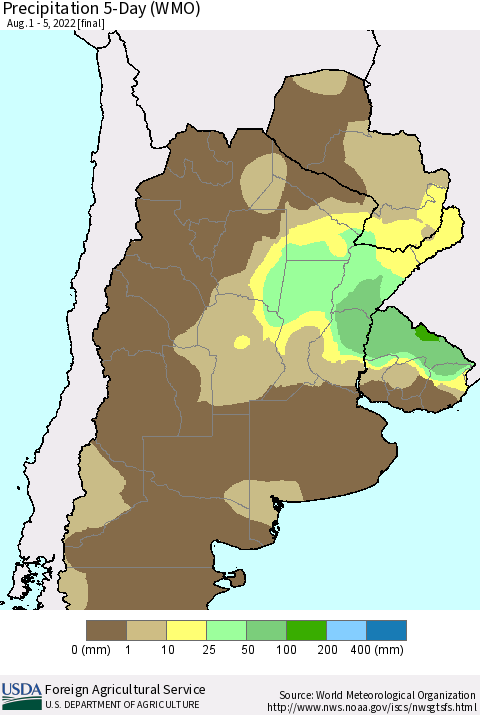Southern South America Precipitation 5-Day (WMO) Thematic Map For 8/1/2022 - 8/5/2022