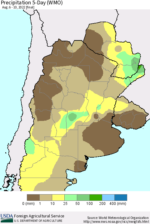 Southern South America Precipitation 5-Day (WMO) Thematic Map For 8/6/2022 - 8/10/2022