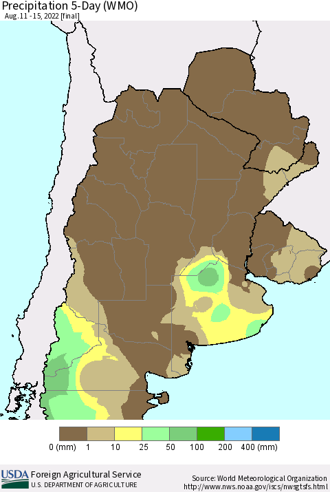 Southern South America Precipitation 5-Day (WMO) Thematic Map For 8/11/2022 - 8/15/2022