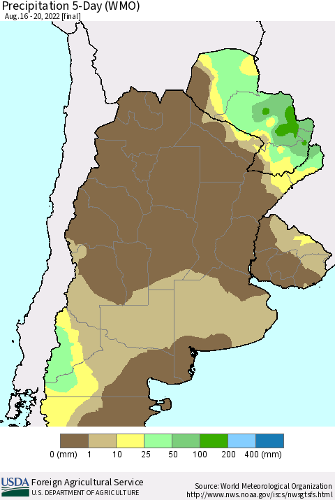 Southern South America Precipitation 5-Day (WMO) Thematic Map For 8/16/2022 - 8/20/2022