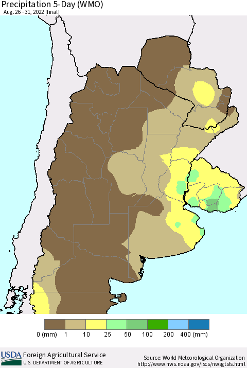 Southern South America Precipitation 5-Day (WMO) Thematic Map For 8/26/2022 - 8/31/2022