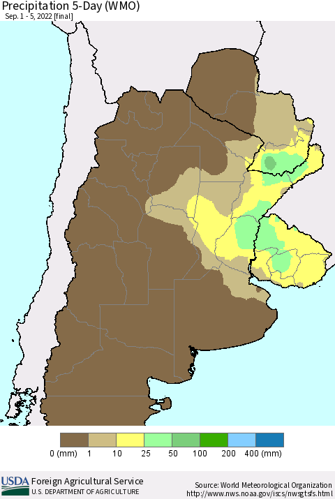 Southern South America Precipitation 5-Day (WMO) Thematic Map For 9/1/2022 - 9/5/2022