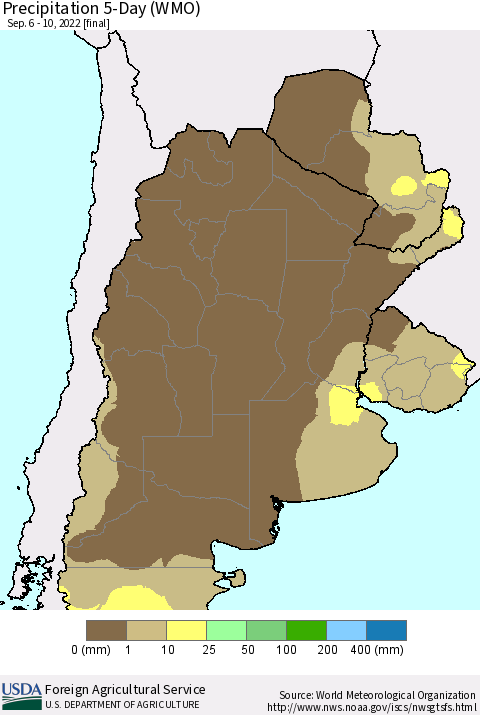 Southern South America Precipitation 5-Day (WMO) Thematic Map For 9/6/2022 - 9/10/2022