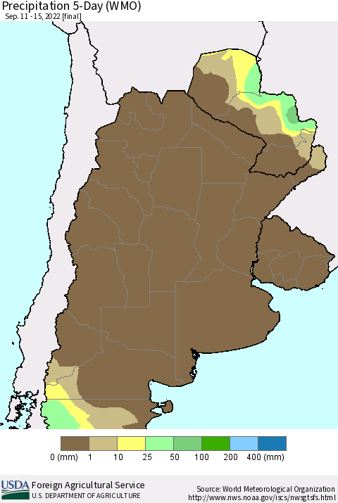 Southern South America Precipitation 5-Day (WMO) Thematic Map For 9/11/2022 - 9/15/2022