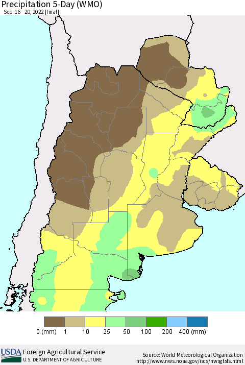 Southern South America Precipitation 5-Day (WMO) Thematic Map For 9/16/2022 - 9/20/2022