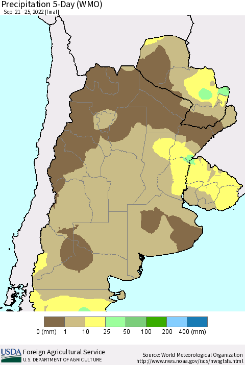 Southern South America Precipitation 5-Day (WMO) Thematic Map For 9/21/2022 - 9/25/2022