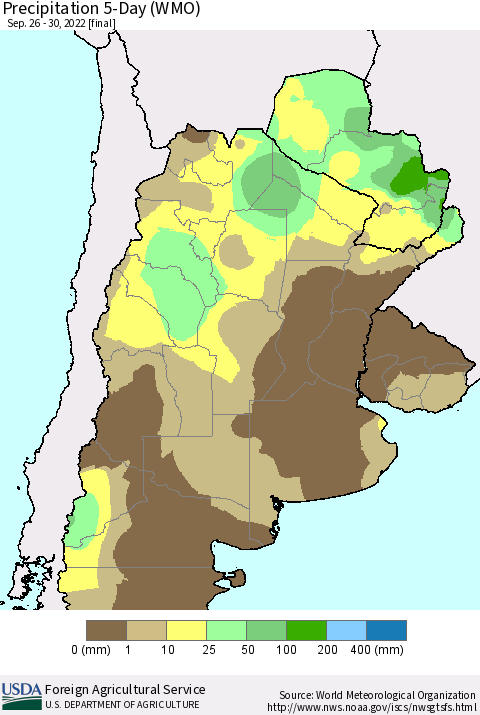 Southern South America Precipitation 5-Day (WMO) Thematic Map For 9/26/2022 - 9/30/2022