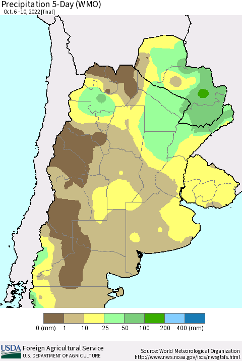 Southern South America Precipitation 5-Day (WMO) Thematic Map For 10/6/2022 - 10/10/2022