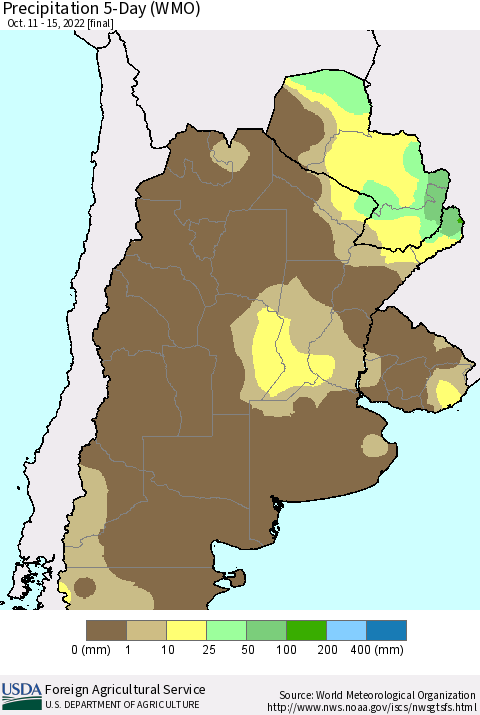 Southern South America Precipitation 5-Day (WMO) Thematic Map For 10/11/2022 - 10/15/2022