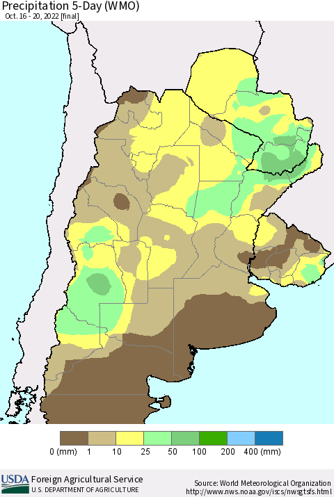 Southern South America Precipitation 5-Day (WMO) Thematic Map For 10/16/2022 - 10/20/2022