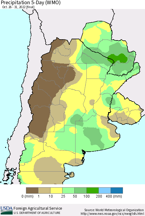 Southern South America Precipitation 5-Day (WMO) Thematic Map For 10/26/2022 - 10/31/2022