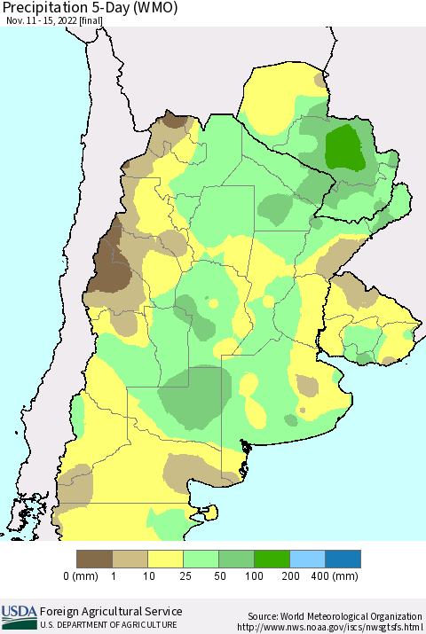 Southern South America Precipitation 5-Day (WMO) Thematic Map For 11/11/2022 - 11/15/2022