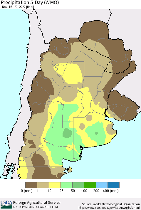 Southern South America Precipitation 5-Day (WMO) Thematic Map For 11/16/2022 - 11/20/2022