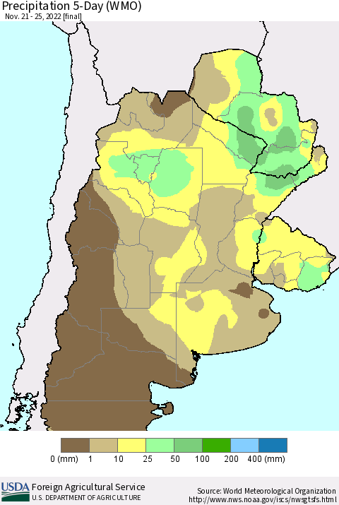 Southern South America Precipitation 5-Day (WMO) Thematic Map For 11/21/2022 - 11/25/2022