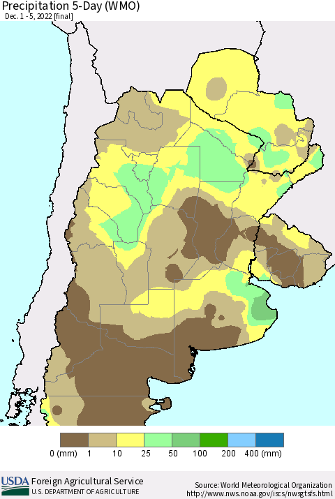 Southern South America Precipitation 5-Day (WMO) Thematic Map For 12/1/2022 - 12/5/2022