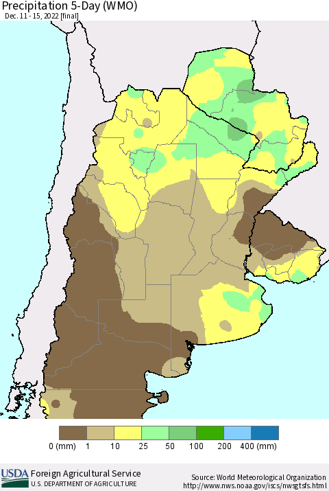 Southern South America Precipitation 5-Day (WMO) Thematic Map For 12/11/2022 - 12/15/2022