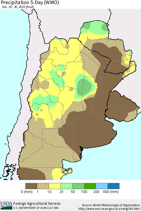 Southern South America Precipitation 5-Day (WMO) Thematic Map For 12/16/2022 - 12/20/2022