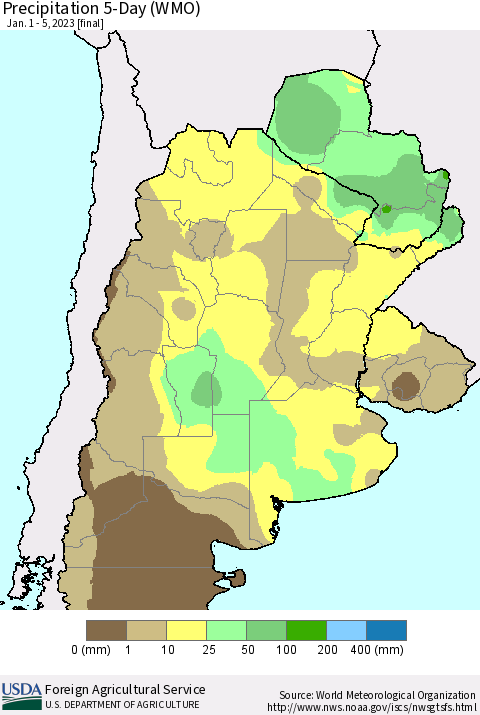 Southern South America Precipitation 5-Day (WMO) Thematic Map For 1/1/2023 - 1/5/2023