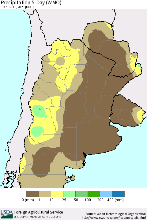 Southern South America Precipitation 5-Day (WMO) Thematic Map For 1/6/2023 - 1/10/2023