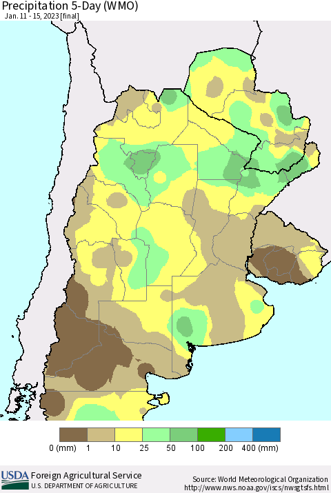 Southern South America Precipitation 5-Day (WMO) Thematic Map For 1/11/2023 - 1/15/2023