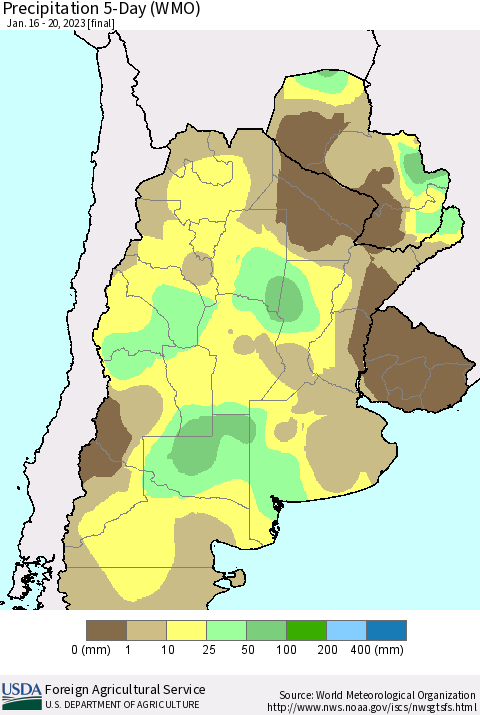 Southern South America Precipitation 5-Day (WMO) Thematic Map For 1/16/2023 - 1/20/2023