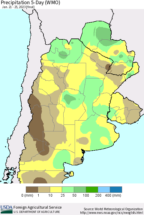 Southern South America Precipitation 5-Day (WMO) Thematic Map For 1/21/2023 - 1/25/2023