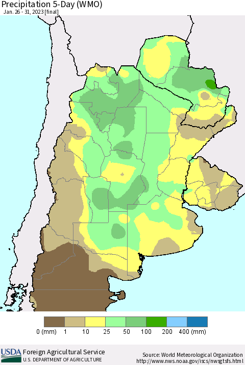 Southern South America Precipitation 5-Day (WMO) Thematic Map For 1/26/2023 - 1/31/2023