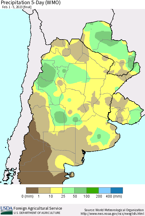 Southern South America Precipitation 5-Day (WMO) Thematic Map For 2/1/2023 - 2/5/2023