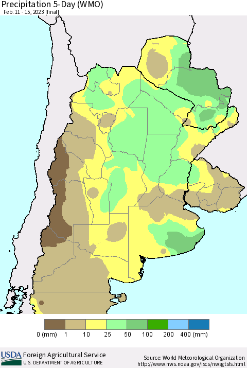 Southern South America Precipitation 5-Day (WMO) Thematic Map For 2/11/2023 - 2/15/2023