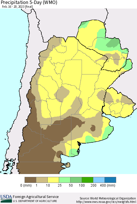 Southern South America Precipitation 5-Day (WMO) Thematic Map For 2/16/2023 - 2/20/2023