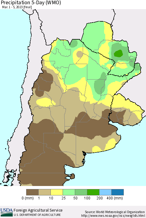Southern South America Precipitation 5-Day (WMO) Thematic Map For 3/1/2023 - 3/5/2023