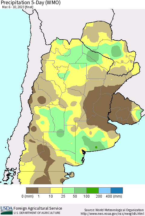 Southern South America Precipitation 5-Day (WMO) Thematic Map For 3/6/2023 - 3/10/2023